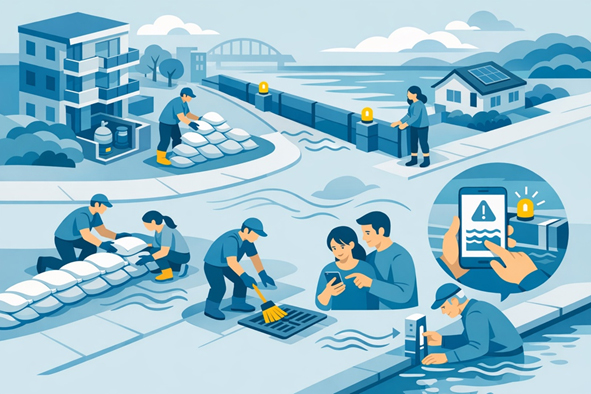 Illustrations of preparations people can do to avoid flooding