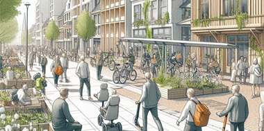 A cartoon image of a busy neighbourhood street with plants and various people of differing abilities